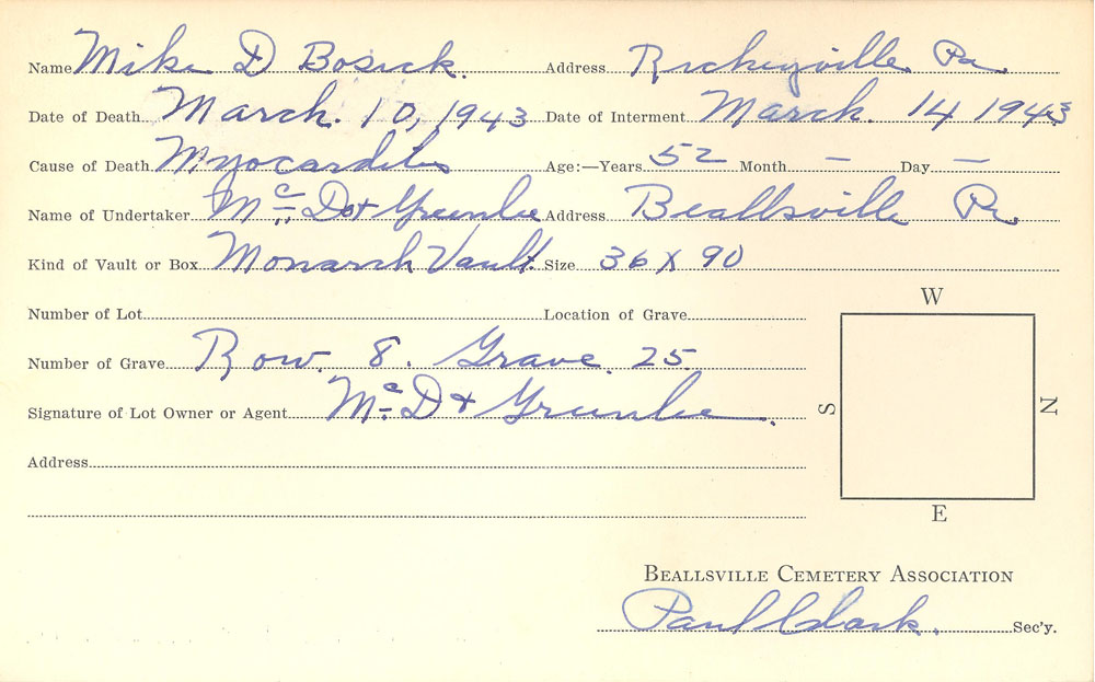 Mike D. Bosick burial card